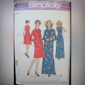 Vintage Simplicity Pattern 6559 
Jacket & Dress Two Lengths 
Size 12 Uncut NOS